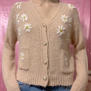 Y2K Cottagecore Blush Pink Daisy Embroidered Cardigan